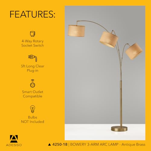Adesso 3-Light Floor Lamp, Antique Brass & Natural, 4-Way, 82”