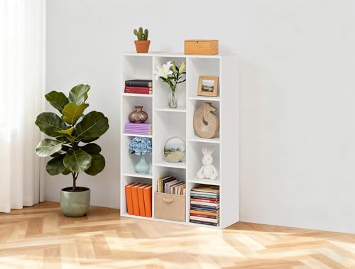 Whitmor 11 Cube Storage Organizer, 4 Tier Stackable Bookcase, Open Storage Display Bookshelf, Storage Cabinet for Living Room, Bedroom, Home, Office, 29.1" L x 9.4" W x 41.7" H, White