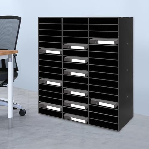48 Slot Mail & Paper Organizer, High-Class PVC Literature Sorter Cabinet with 110 Lbs Capacity, Desktop Storage for Office, Classroom, Home, Library & Craft Room (Black)