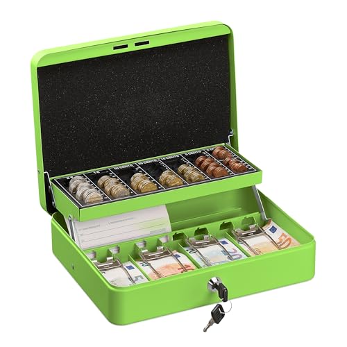 Relaxdays Lockable, Coin Count Board & 4 Money Tray, Safe, H x W x D: 8.5 x 30.5 x 24.5 cm, Green