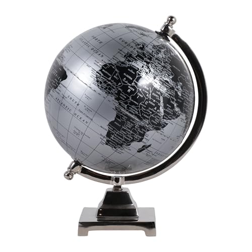 Modern Metal Globe for Home Decor - Desktop Globe Ornament for Office or Living Room Decor - Transitional Metal Design with Detailed Map for Shelf or Coffee Table Display - 12", Black & Silver