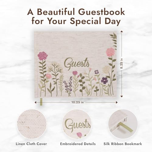 Linen Floral Embroidered Photo Wedding Guest Book - Pink Guestbook to Sign