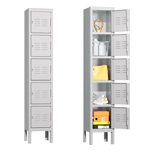 Greenvelly Metal 5-Tier Lockers for Employees Steel Lockers for Gym, Metal Storage Locker with Louvers, 5 Door Locker for Office,Home,School (Grey)