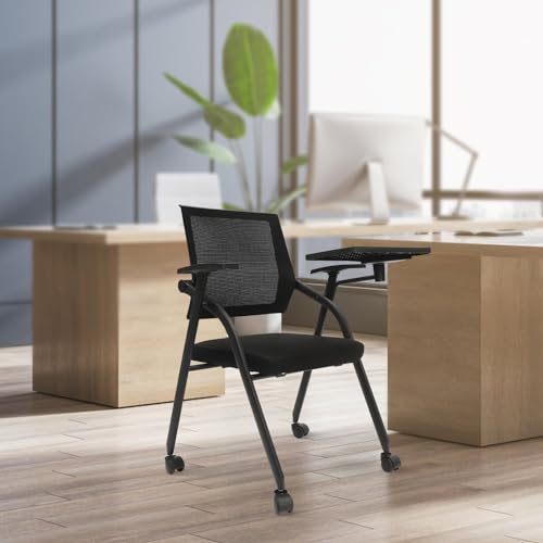 Eleeferri Chair with Desk Attached Foldable Guest Reception Chairs with Caster Wheels and Foldable Right Handed Tablet Arm for Office School Classroom Conference Waiting Room Black