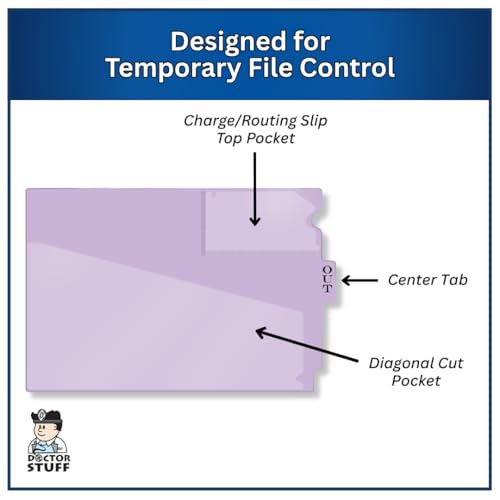 Doctor Stuff - Center Tab Vinyl Out Guides, Diagonal Cut Front Pocket, Top Charge Out Slip Pocket, Plastic File Folder, Letter Size 9" x 13-1/4", Lavender, 100/Box