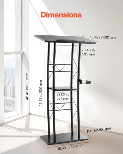 VEVOR Podium Stand, 47-Inch Metal Lectern, Curved Standing Podium with Wide Reading Surface, Open Storage Compartment, Book Stopper, Cup Holder, for Classroom, Wedding, Conference, Speech, and Concert