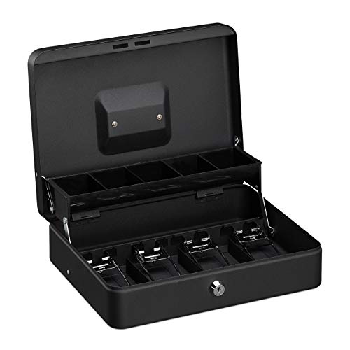 Relaxdays Lockable box, coin insert and 4 note compartments, iron box, HBD 8.5 x 30.5 x 24.5 cm, black