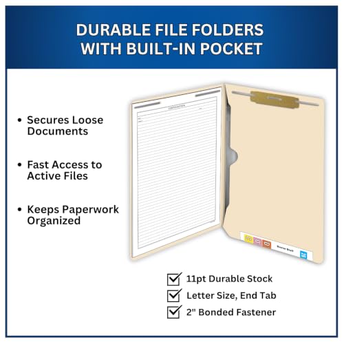Doctor Stuff Manila Pocket File Folders - Letter Size, Two Fasteners, 11pt Manila, Pack of 250
