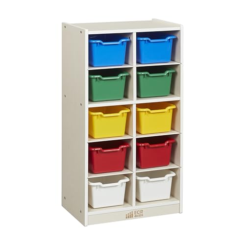ECR4Kids 10 Cubby Mobile Tray Cabinet with Bins, 5x2, White Wash, Assorted