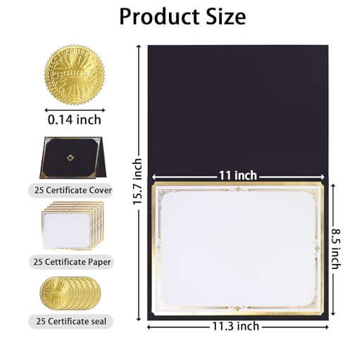 75 Pcs Certificate Paper Kit, 25 Gold foil Border Award Certificate Holders & 25 pcs 8.5x11 Inches Certificate Paper & 25 Certificate Seals Stickers for Graduation Diploma, Award Accomplishment.