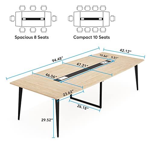 Tribesigns 8FT Conference Table, 94.48L x 47.21W x 29.52H Inches Boat Shaped Meeting Table with Rectangle Grommet, Modern Seminar Boardroom Table for Office Conference Room (Light Wood Grain, 8ft)