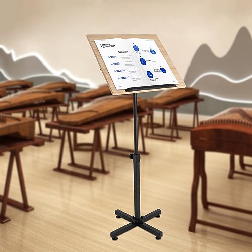 Lectern Podium Stand, Height Adjustable Portable Floor Lectern, Versatility Classic Podium Stand with Wheels, Presentation Standing Tilting Desktop for Classroom, Office, Church, Media Studio (Brown)
