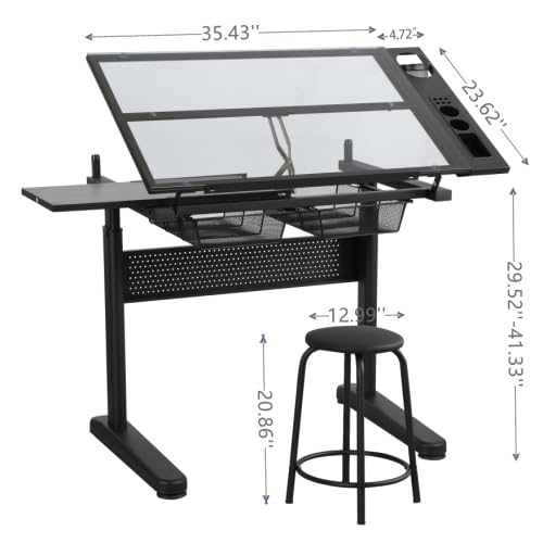 Donext Height Adjustable Drafting Table with 2 Drawers and Stool,Black