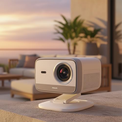 Philips Neopix 444, 4K Video Projector, Native Resolution 1080p, 500 ANSI Lumens, 10-watt Stereo Sound, Autofocus, Auto Keystone, HDMI to USB-C Cable Included, White.