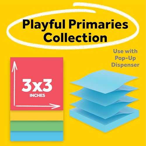 Post-it Super Sticky Dispenser Pop-up Notes, 18 Sticky Note Pads, 1620 Sheets, 3 x 3 in., 2X Sticking Power, School and Oﬃce Supplies, Use with Post-it Note Dispensers, Playful Primaries Collection