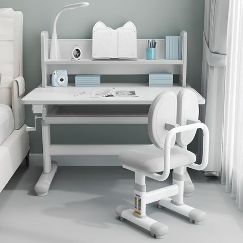 AMUYTCP Height Adjustable Functional Ergonomic School Study Table with Tilt Desktop, Desk and Chair Set, Workstation Writing Desk with Storage Drawers, LED Light, Bookstand, Metal Hook(Color:Grey)