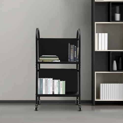 Florchest 2-Tiers Rolling Library Book Cart,34”Tall and 100LBS Capacity Sturdy and Versatile Office Book Cart with 4 Lockable Wheels for Homes Libraries Reading Rooms