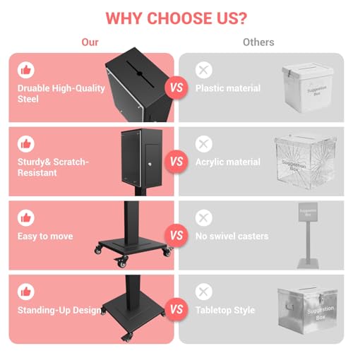 WUGEBA Large Suggestion Box for Office/Church, Donation Boxes for Fundraising with Slot and Lock, Heavy-Duty Voting Ballot Box with 4 Wheels, Ballot Collection, Floor Safes for Home, Black