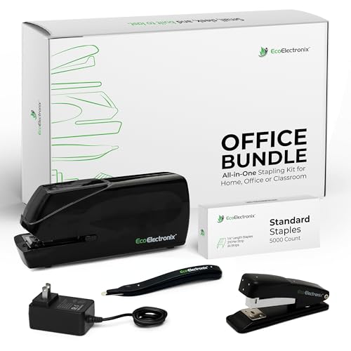 EcoElectronix Portable Automatic Electric Stapler Pro Kit - 30 Sheet Capacity, Quiet Operation, Jam-Free and Easy Reload - AC Adapter/Battery Powered, (Black)