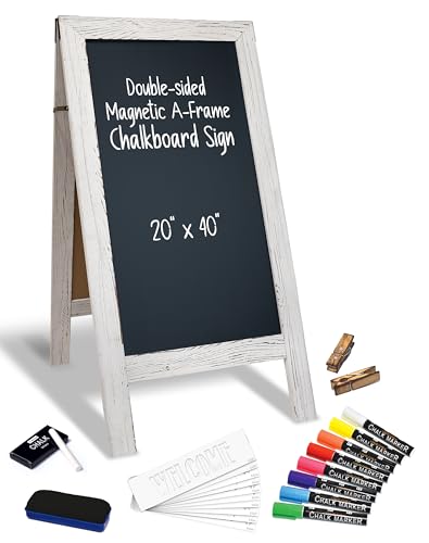 Better Office Products Magnetic A-Frame Chalkboard Sign, Extra Large 20" x 40", Standing Chalkboard Easel, Deluxe Set with Multiple Accessories, Outdoor Sidewalk Sandwich Board Sign,(Whitewash)