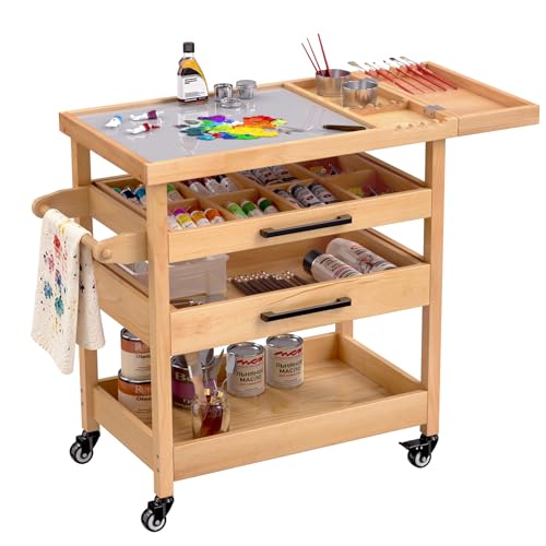 GDLF Solid Beech Wood Art Cart, Artist Taboret with Tempered Glass Palette
