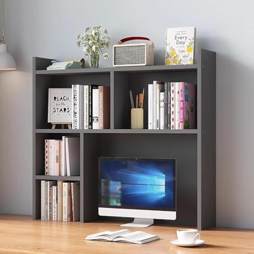 White Wooden Desk Hutch with Storage, Freestanding Desktop Bookshelf and Organizer Rack for Home Office, Dorm, and Study Desk, Ideal for Books, Supplies, and Decorations,Grey,31.5″×7.9″×35.4″