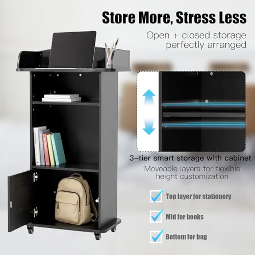 Podium Stand Portable with Wheels, Classroom Lectern for Teacher with Adjustable Storage Shelf, Mobile Rolling Church Pulpits, Office Wooden Reception Desk, Host Stand for School Conference（Black）