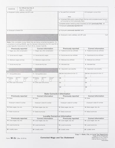 W-2C Tax Forms 4-Part Set, Corrected Wage and Tax Statement, 25 Pack