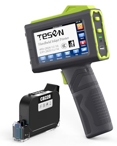 TESEN New Upgrade Handheld Inkjet Printer with 1/2 Inch (12.7mm) Printhead for Date Time Logo Batch Number QR Code Quick Drying Printing on Plastic Wood Carboard Metal Glass and More (Green)