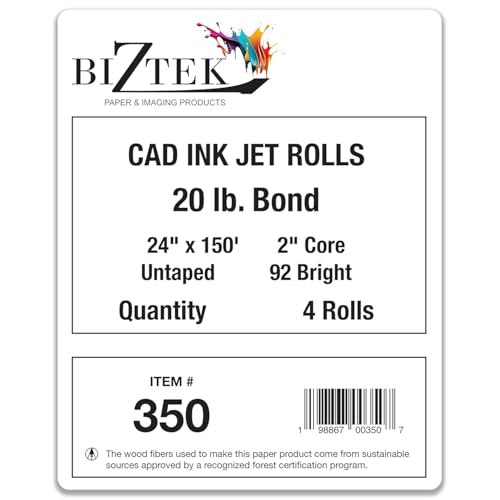 BIZTEK Wide Format Paper 24 x 150 CAD Bond Rolls 2" Core 20lb, Case | 4 Rolls