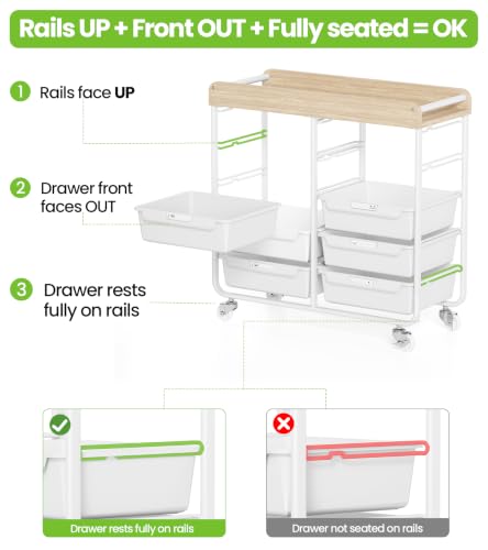 10 Drawers Rolling Cart with Wooden Tabletop, Utility Storage Cart with Wheels, Art Supply Craft Organizer on Wheel with Metal Frame & Handles for Home Office School (Pure White)