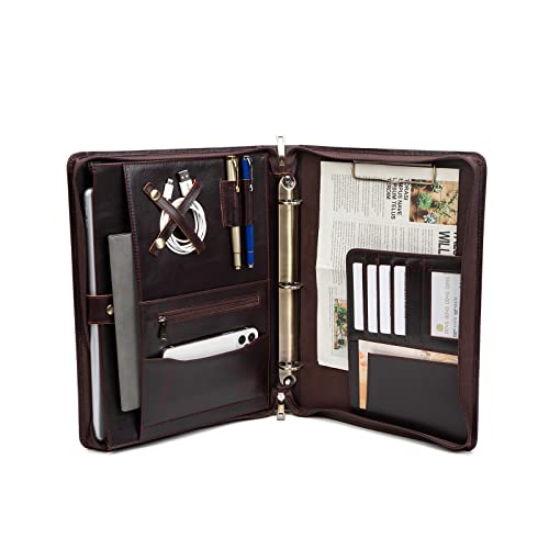 Geslun Leather Portfolio Zippered 3 Ring Binder with Hidden Handle and Clip