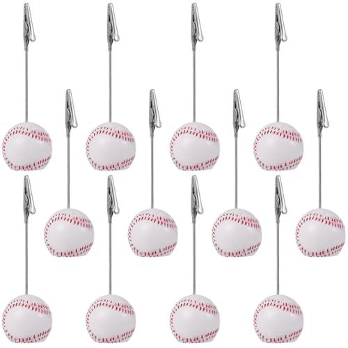 12 Pcs Baseball Shaped Memo Clips, Table Number Card Holders with Resin Ball Bases & Alligator Clips, Sports Photo Stands, Note Paper Clips, Multi-Purpose Tag Stands for Wedding, Party, Event