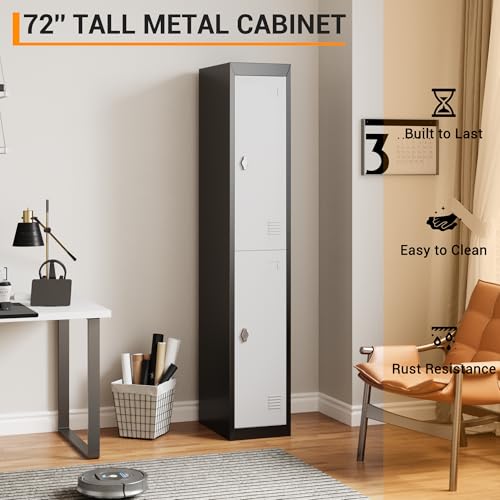 EliteEdge 72" Tall 2 Door Metal Locker with Key, Heavy Duty Steel Storage Cabinet with Shelves, Lockable Employee Locker for School, Office, Gym, Home, Garage, Grey & Black