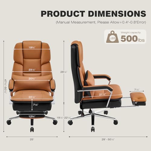 Furniliving Big and Tall Office Chair 500lbs,High Back Executive Leather Office Chair with Footrest,Wide Seat Reclining Desk Chair with Lumbar Support, Armrest, Brown