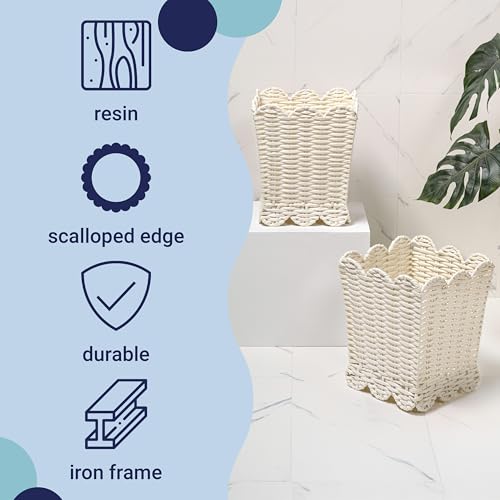 happimess Silas 3.3 Gal Square Wicker Resin Wastebasket, White, Set of 2