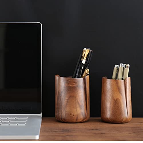 RAN Rustic Pen Holder, Black Walnut Pencil Holder for Desk, Desk Top Round Pen Cup Holder Organizer, Farmhouse Office Supplies