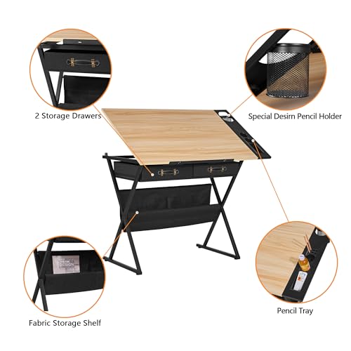 VECELO Drafting Table Art Desk Art Table Adjustable Drawing Table Tilted Tabletop with 2 Storage Drawers and Stool, Drawing Desk for Artist Painters Drawing, Crafting, Reading, Writing, Natural
