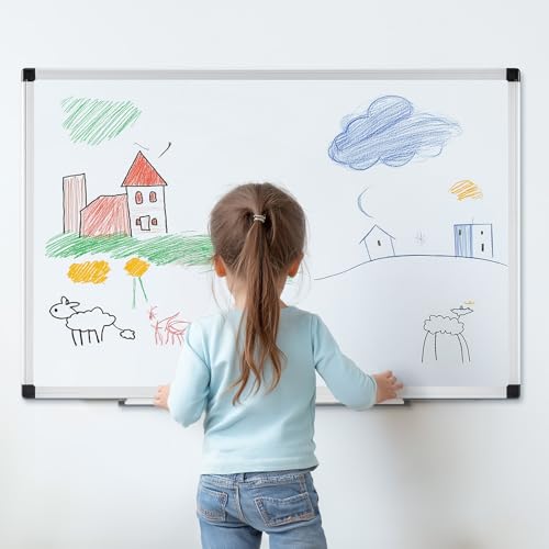 DUMOS Magnetic White Board Kit for Wall 36" x 24", Dry Erase Board with 1 Dry Eraser & 2 Multicolor Markers & 4 Magnetic Pins, Reinforced Aluminum Frame for Home, School, Office