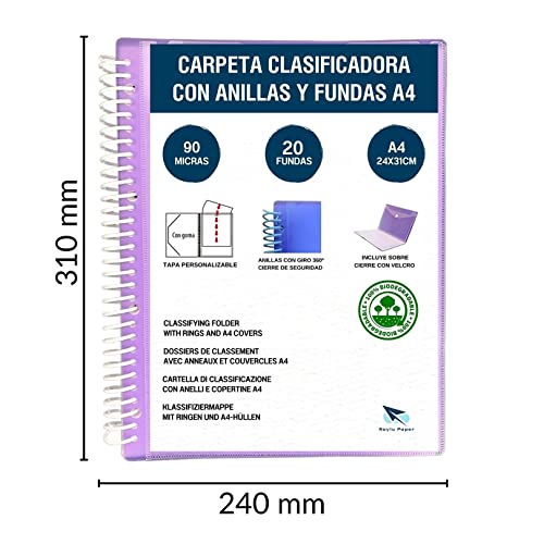 Raylu Paper® Binder with Ring Binder with Transparent A4 90 Micron Sleeves and Envelope with Velcro Closure, Customisable Cover. 100% Biodegradable Binder (20 Pockets, Violet)