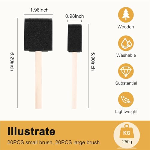 Foam Paintbrushes 40 Pcs Foam Sponge Paint Brush Wood Handle Set Painting Tool for Acrylics Stains Varnishes