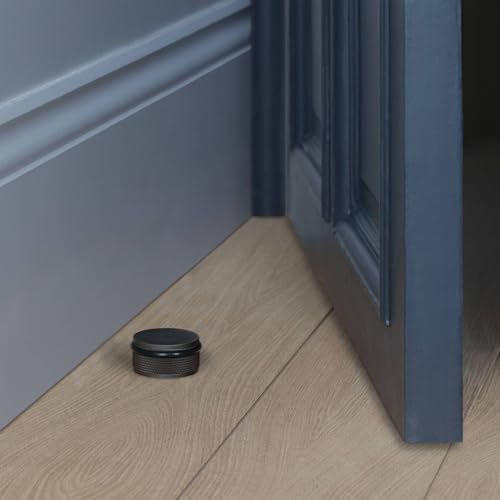 Buster and Punch Door Stops, Wall Mount, Floor Mount, Freestanding, Cross Knurl, Linear, Knurl, Multiple Colors, Black, Brass, Steel, Smoked Bronze (Brass, Floor Mount)