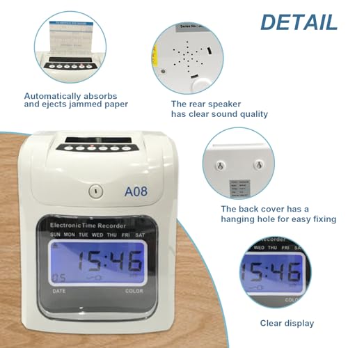 Auto-Align Employee Time Clock for Small Business, LCD Attendance Punch Clock Machine with 50 Time Cards, Paper Card Recorder with Ink Ribbon & Security Keys for Office Payroll Tracking, 1 Pcs
