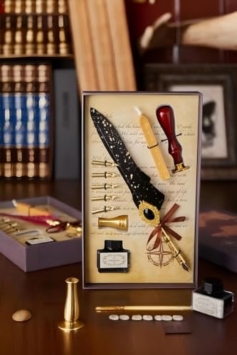 SODEF Traditional Calligraphy Divit Inkwell Set with Feather Pen, Metal Nib, Wax Seal & VIP Gift Box - Ottoman Divit Inkwell Set