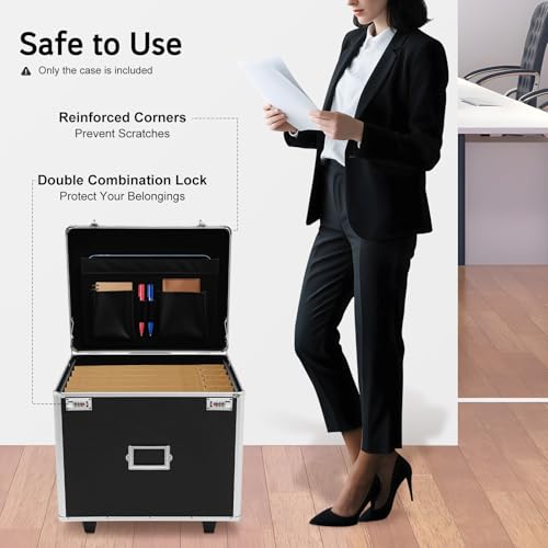 Locking Mobile Storage Box, Aluminum Storage Trunk, Business Case with Combination Lock Large Capacity Briefcase Security Lock Box for Personal Items Cash Laptop, 19.2 * 15 * 16 Inch, Black