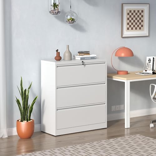 Merax WideFile Cabinet 3 Drawer, White Filing Cabinet with Lock Home Office