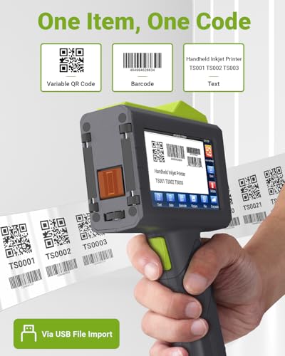 TESEN New Upgrade Handheld Inkjet Printer with 1/2 Inch (12.7mm) Printhead for Date Time Logo Batch Number QR Code Quick Drying Printing on Plastic Wood Carboard Metal Glass and More (Green)