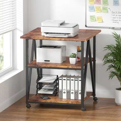 Arbuxzuy 3-Tier Printer Stand, Large Printer Table with Storage, Industrial Printer Storage Cart with Wheels, Rolling Printer Stand for Heat Press Scanner Fax, Brown