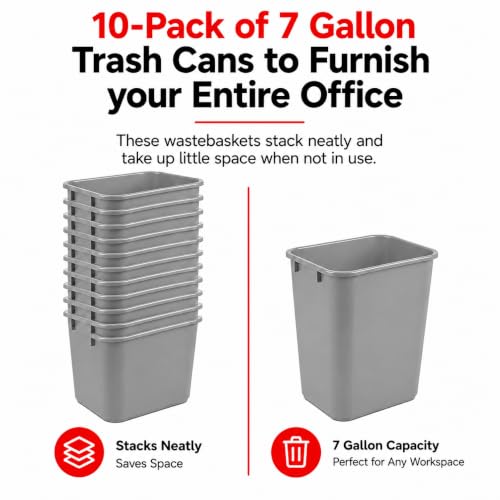 7 Gallon Gray Recycling Wastebasket Under Desk Plastic Trash Can | 10 PACK