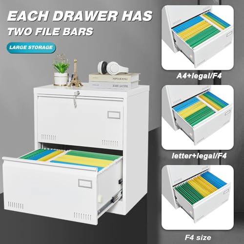 KEIKI Lockable File Cabinet with 2 Widened Drawer, Metal Lateral Filing Cabinets for Home Office Organizer Letters/Legal/A4 File Folders,Assembly Required,White